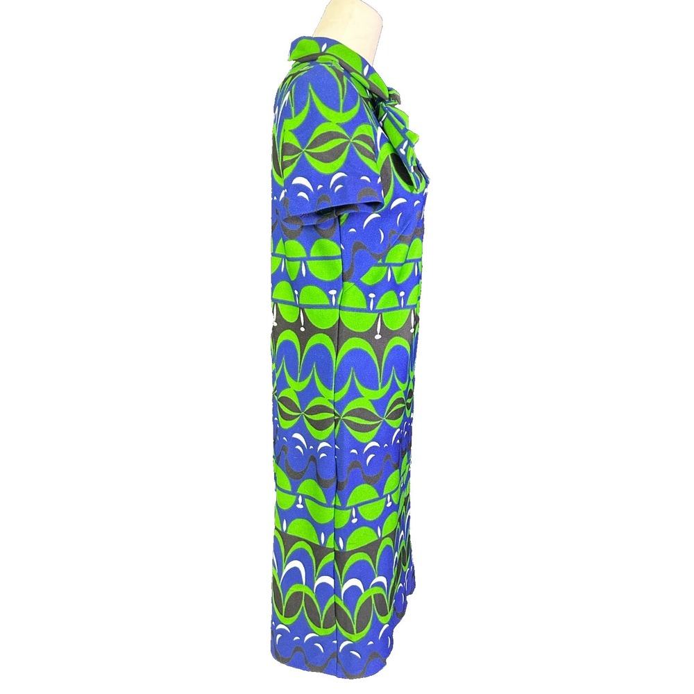 Vintage 60s Mod Shift Dress Blue Green Psychedelic Geometric Tie Neck Retro M - Picture 3 of 6